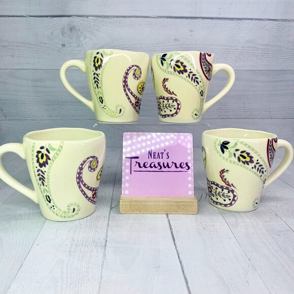 Mikasa Gourmet Basics BRAVA PAISLEY Cream Stoneware 14oz Coffee Cups Mugs Set 4